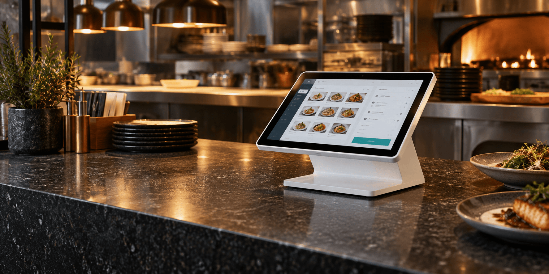 Modern point-of-sale terminal on a restaurant counter