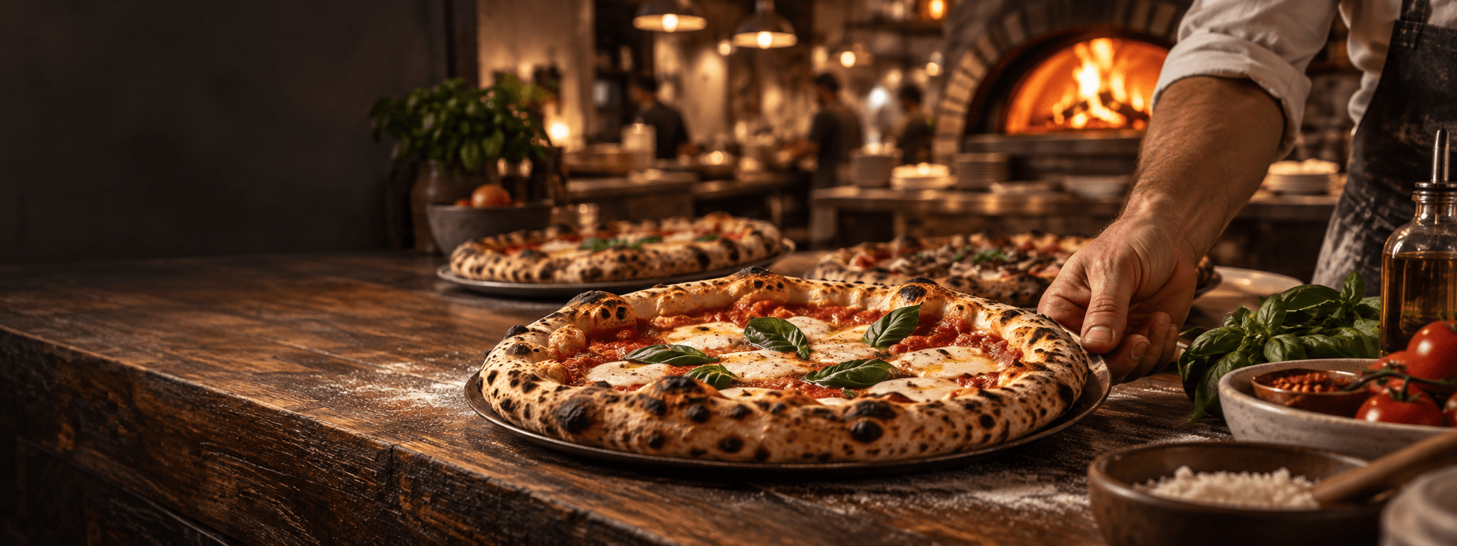 Fresh pizza being served in a neighborhood pizzeria