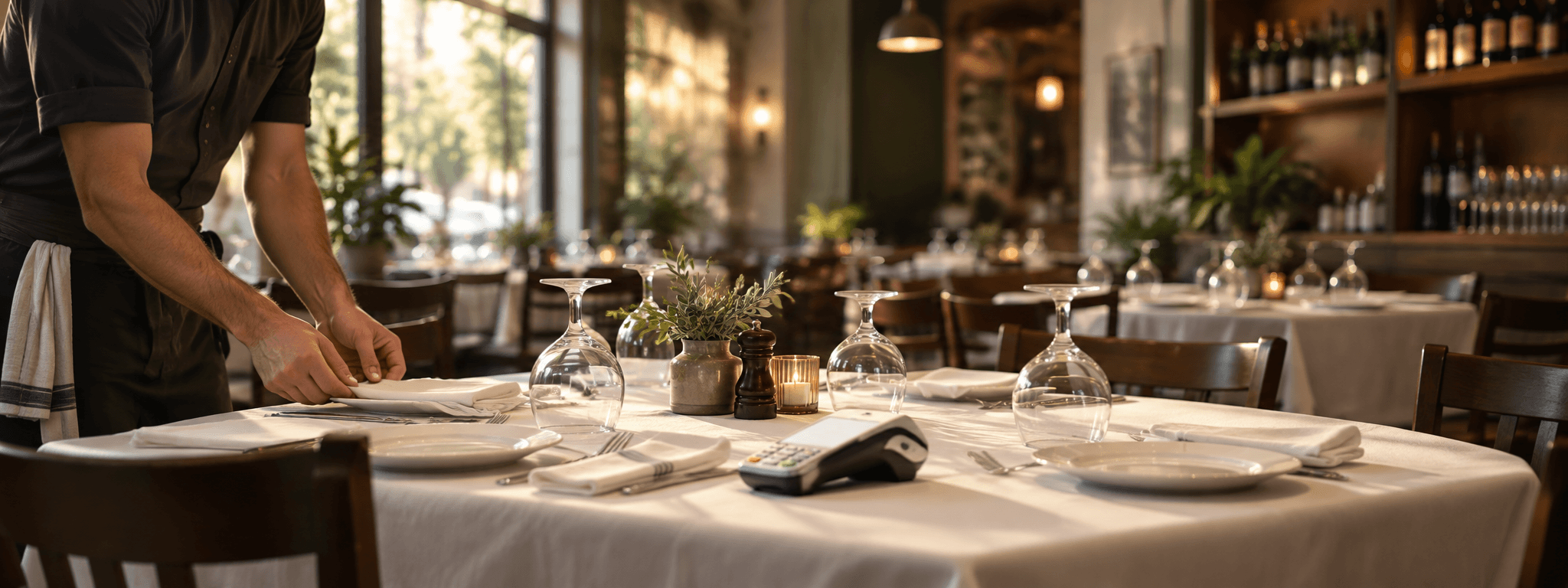 A restaurant team member preparing a dining table